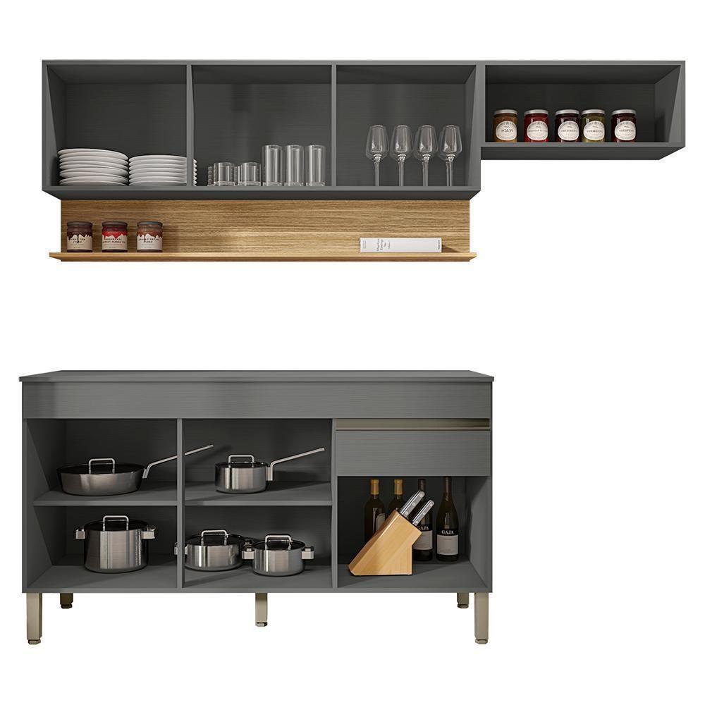 Cozinha Modulada 3 Pecas Com Balcao Tampo Line Gris Cp Freijo Ktp Gris Cp Freijo - 6