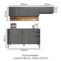 Cozinha Modulada 3 Pecas Com Balcao Tampo Line Gris Cp Freijo Ktp Gris Cp Freijo - 3