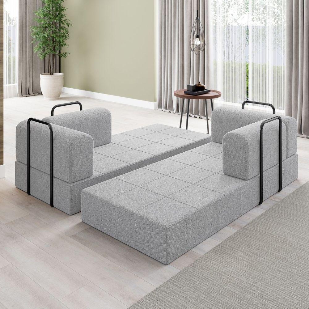 Sofá 2 Lugares Na Caixa Modular Linho Bege Cinza - 3