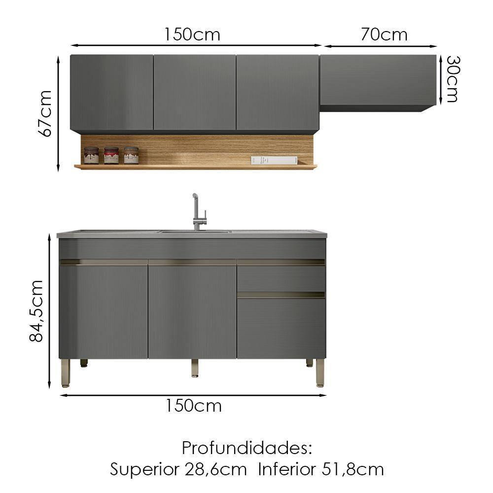 Cozinha Modulada 3 Pecas Com Balcao Pia Line Gris Cp Freijo Ktp Gris Cp Freijo - 3