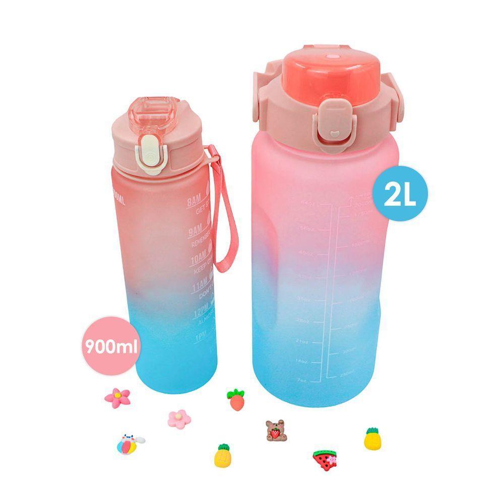 Garrafa Galão De Agua 2l E 900ml Degrade Com Figurinhas Adesivos 3d Tampa Rosa - 1