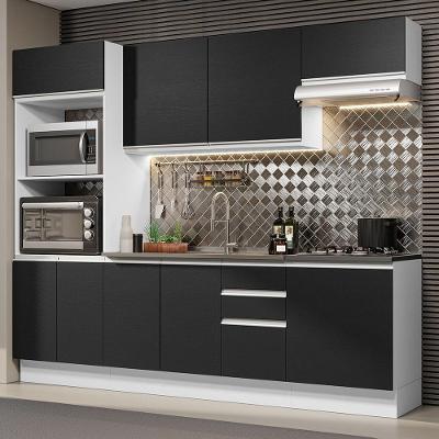 Armário de Cozinha Completa Acordes 9 Portas 2 Gavetas MDF 250cm Branco Preto com Pés Reguláveis