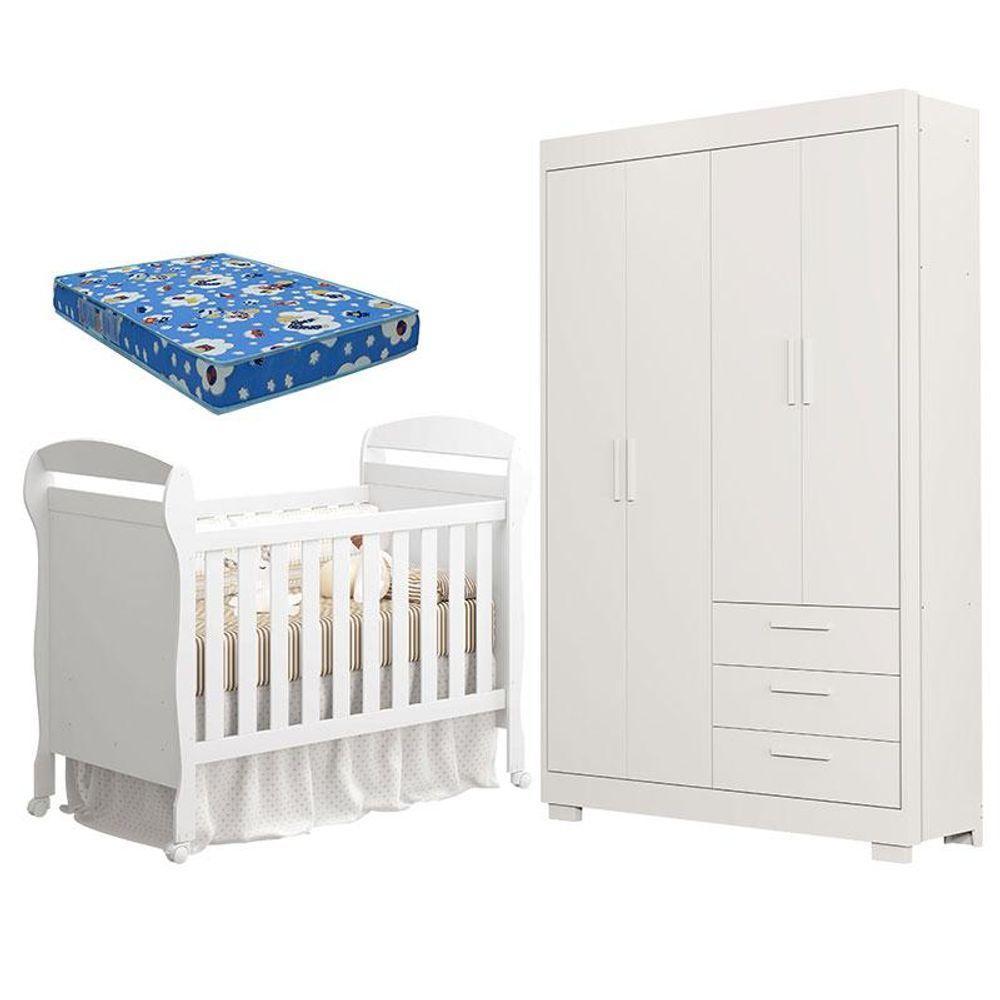 Berço Americano Danny E Guarda Roupa Infantil Zaki Branco Acetinado Com Colchão Ortobom - Reller - 1