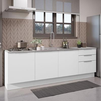 Cozinha Compacta Stella 3 Portas 3 Gavetas MDP 240cm Branca com Tampo e Pés Reguláveis