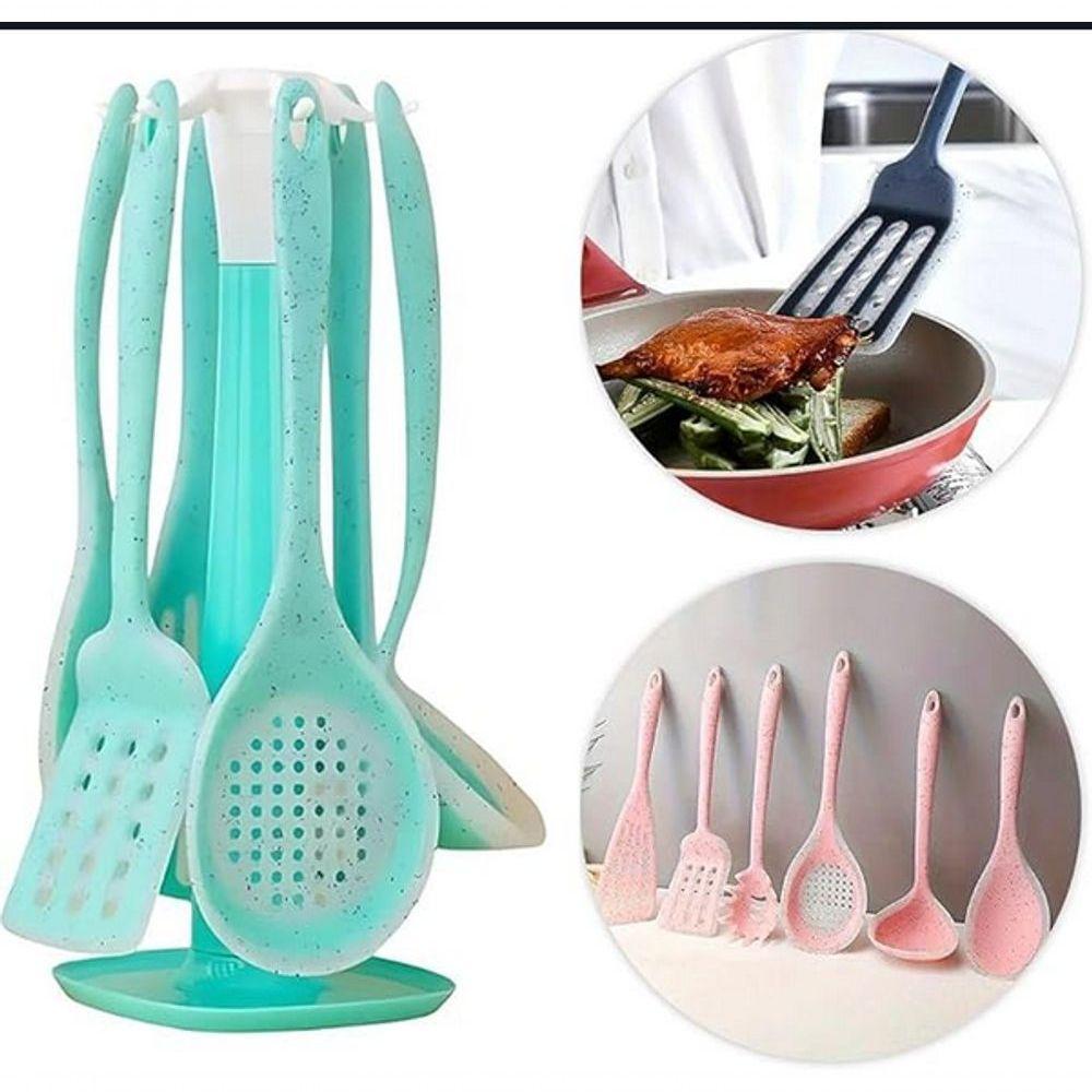 Kit 7 Peças Utensílios Cozinha Silicone Resistente Durável Verde água - 4