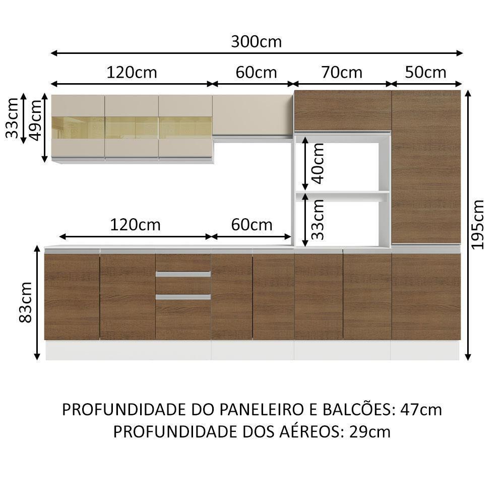 Armário De Cozinha Completa 100% MDF 300cm Branco/Rustic/Crema Smart Madesa 02 - 9