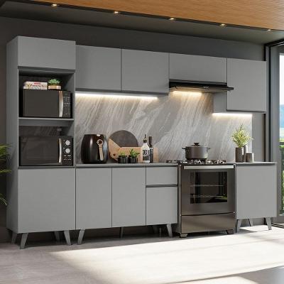 Armário de Cozinha Completa Nice 10 Portas 1 Gaveta 320cm Cinza Fosco