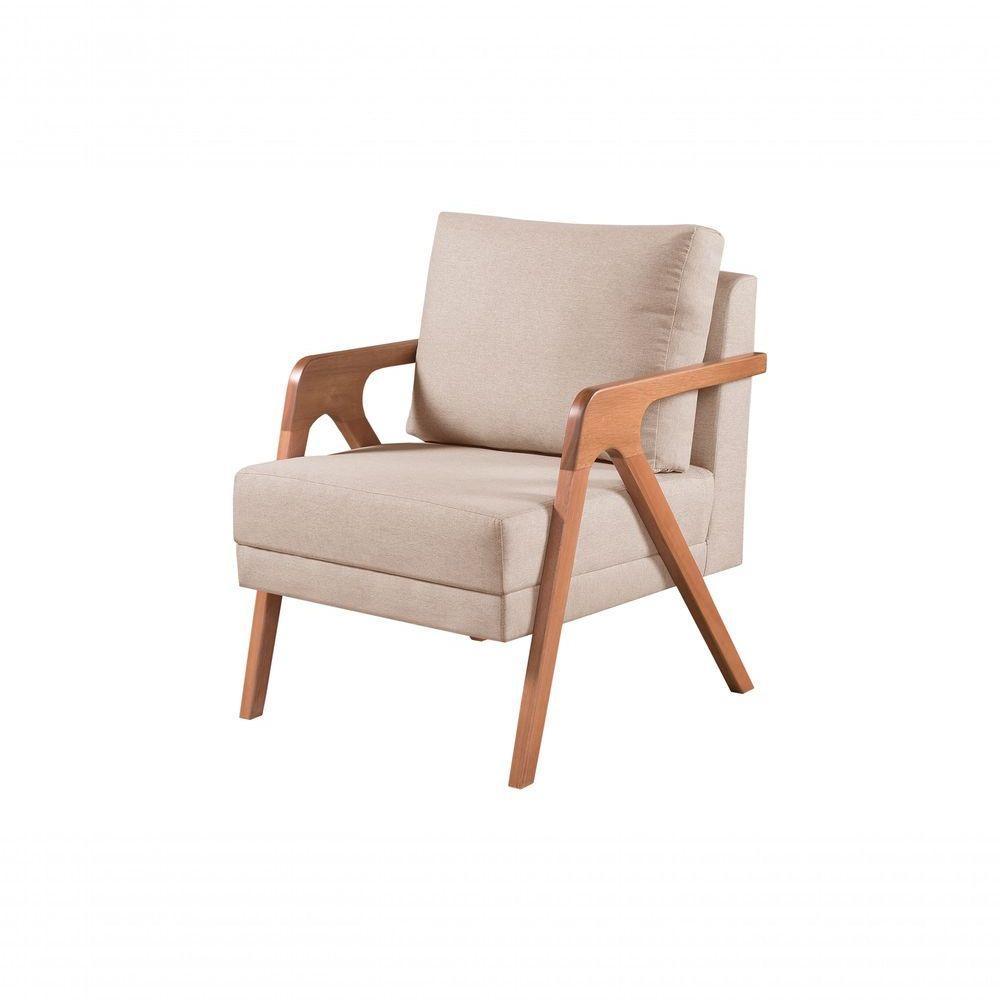 Poltrona Decorativa Mona Braço De Madeira Cor:linho Bege - 1