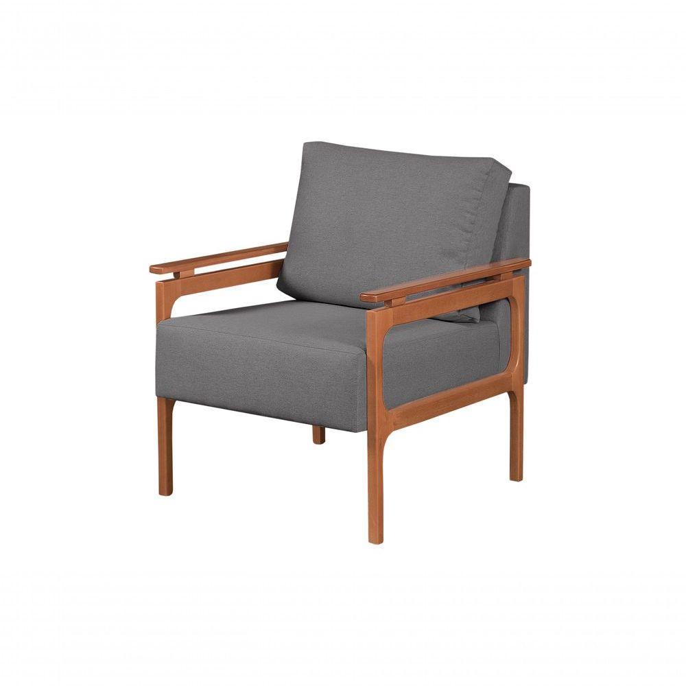 Poltrona Yasmim Braço De Madeira Cor:linho Cinza Escuro - 1