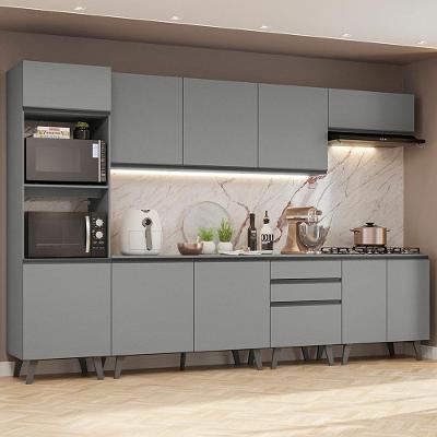 Armário de Cozinha Completa Nice 12 Portas 3 Gavetas MDF 320cm Cinza