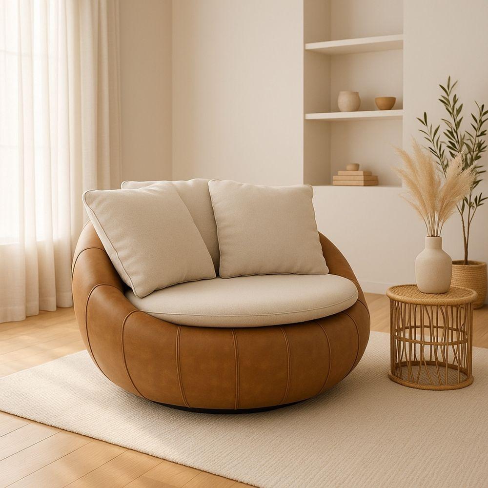 Poltrona Giratória Madeira Escritório Sala Quarto Almofadas Luxo Reforçada Premiun Salao Linho Courino - 2