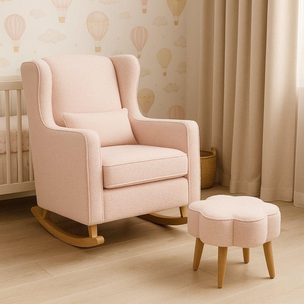 Poltrona De Balanço Para Amamentação Com Puff Em Bouclé Rosa Cor Rosa - 1