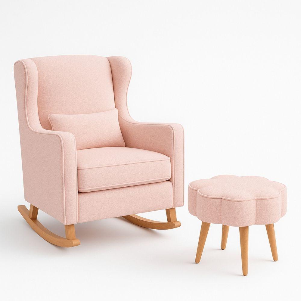Poltrona De Balanço Para Amamentação Com Puff Em Bouclé Rosa Cor Rosa - 2