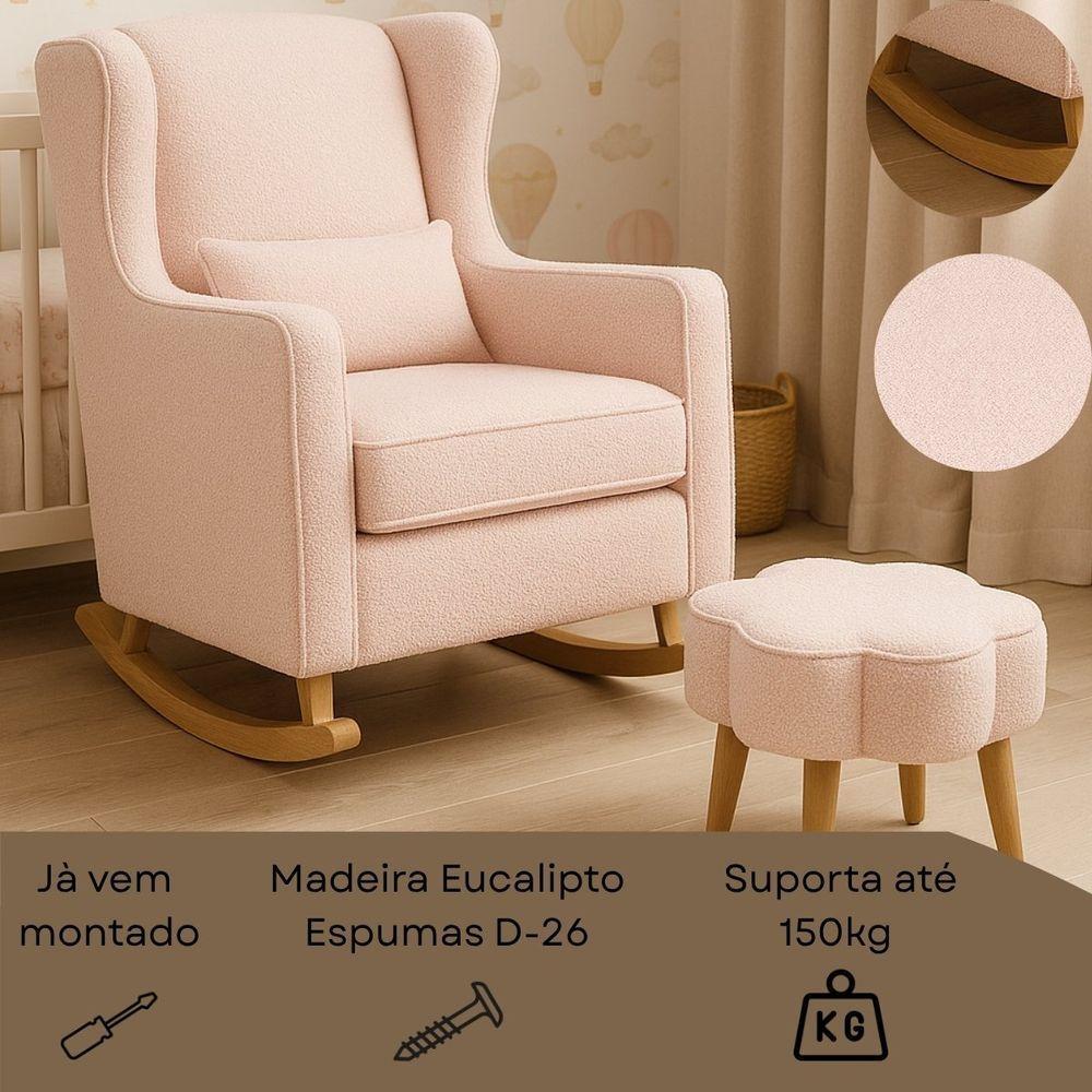 Poltrona De Balanço Para Amamentação Com Puff Em Bouclé Rosa Cor Rosa - 6