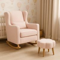 Poltrona De Balanço Para Amamentação Com Puff Em Bouclé Rosa Cor Rosa - 1