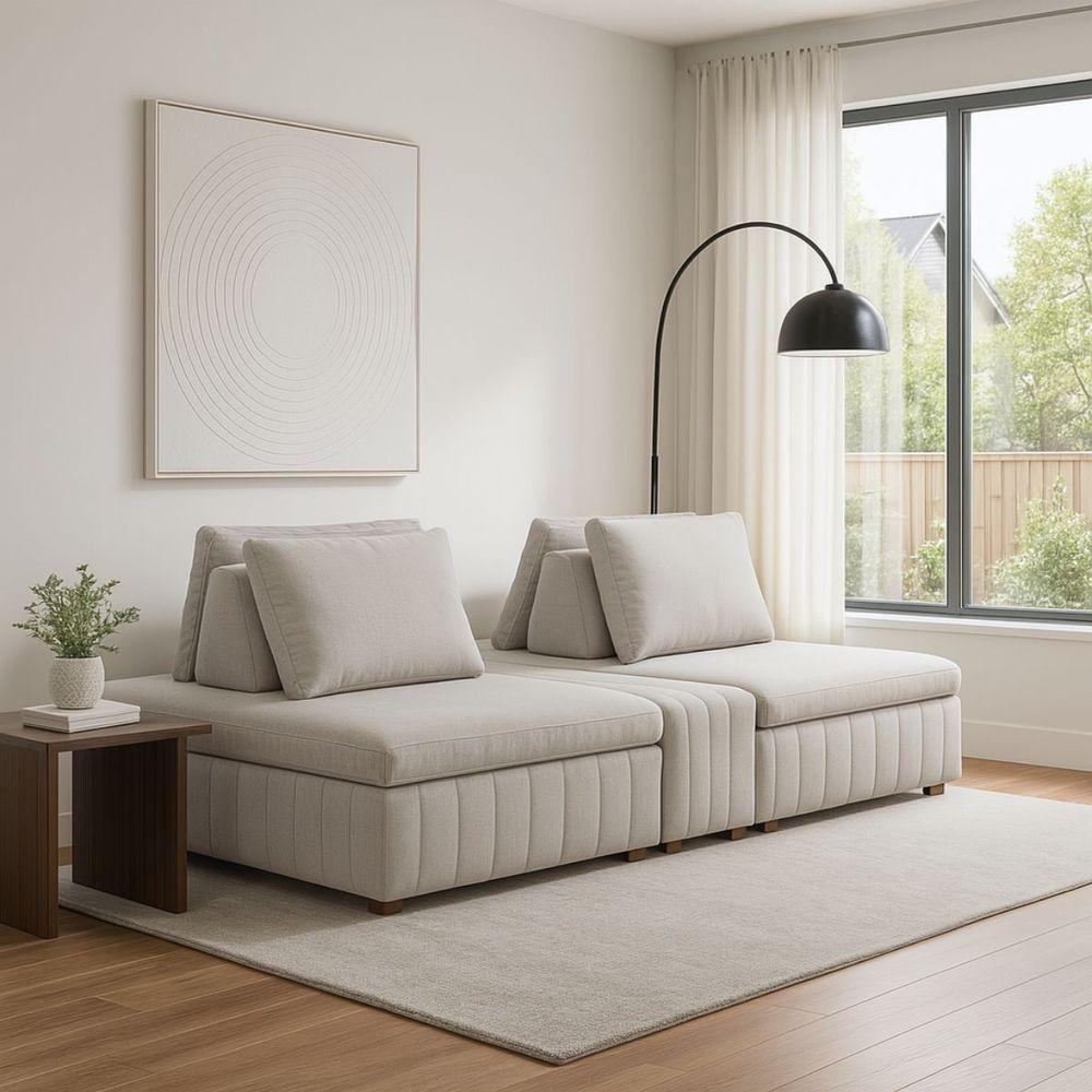 Sofá Ilha Modulado 230cm Divan Boucle Suave Bege Claro Com Pés Em Madeira Linha Premium - 2