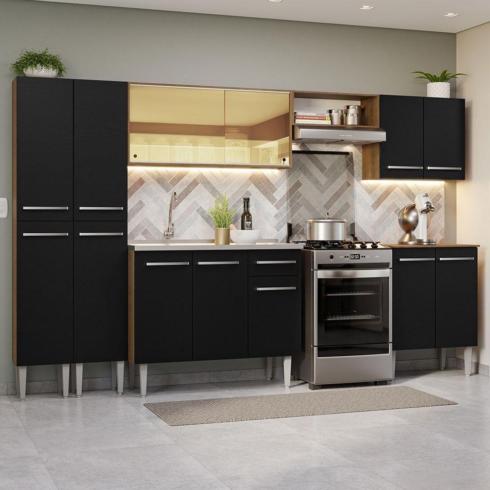 Armário De Cozinha Completa 293cm Com Pia Rustic/preto Emilly Madesa 07 Rustic/preto - 1