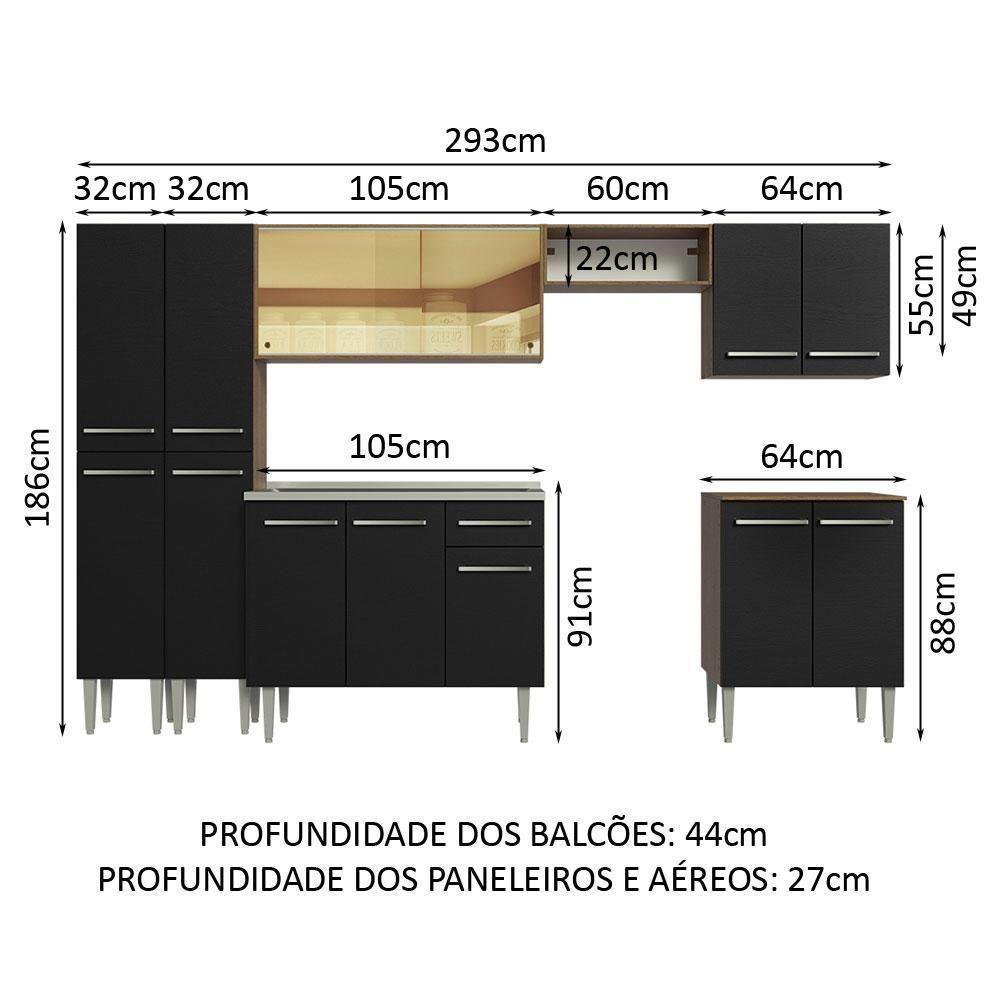 Armário De Cozinha Completa 293cm Com Pia Rustic/preto Emilly Madesa 07 Rustic/preto - 9