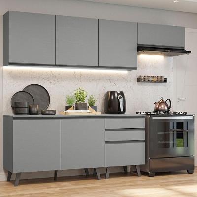 Armário de Cozinha Completa Nice 8 Portas 3 Gavetas MDF 260cm Cinza Moderno