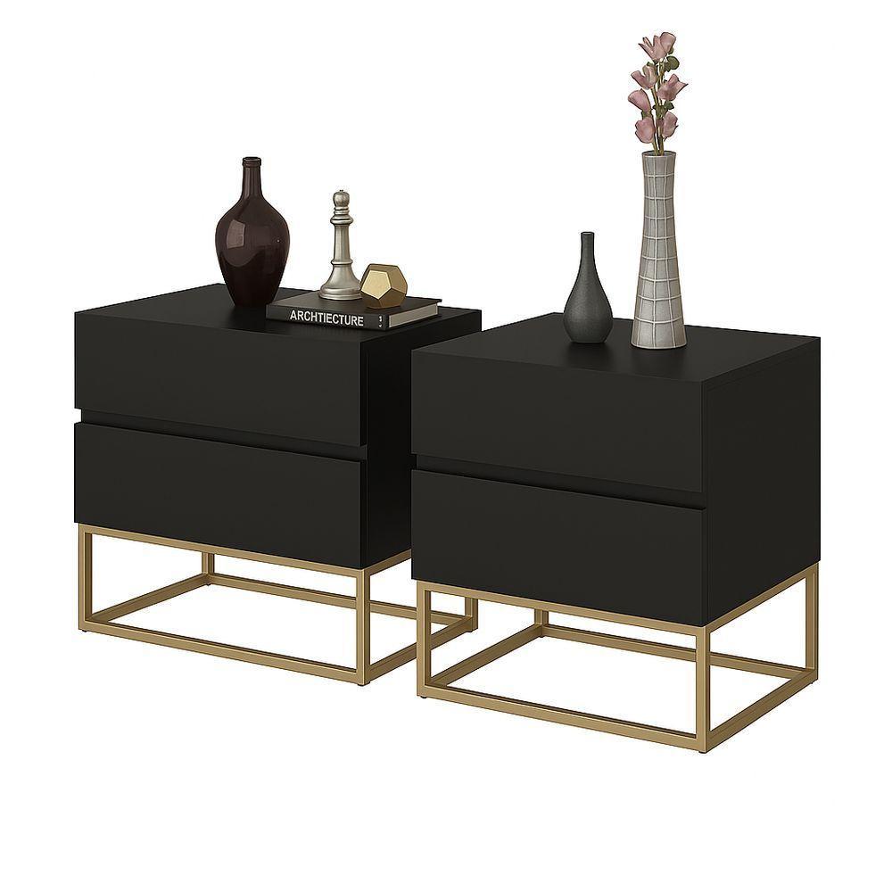 Conjunto 2 Mesa De Cabeceira Industrial Pé De Ferro Dourado Preto - 1