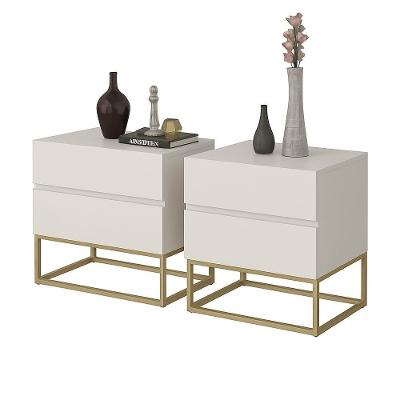 Conjunto 2 Mesa De Cabeceira Industrial Pé De Ferro Dourado Off White