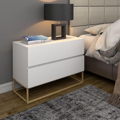 Conjunto 2 Mesa De Cabeceira Industrial Pé De Ferro Dourado Branco