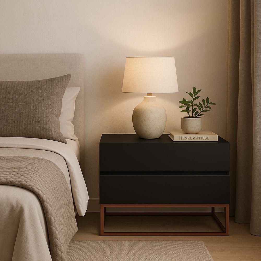 Mesa De Cabeceira Retrô Alto Padrão Com 2 Gavetas Base Cobre Preto - 1