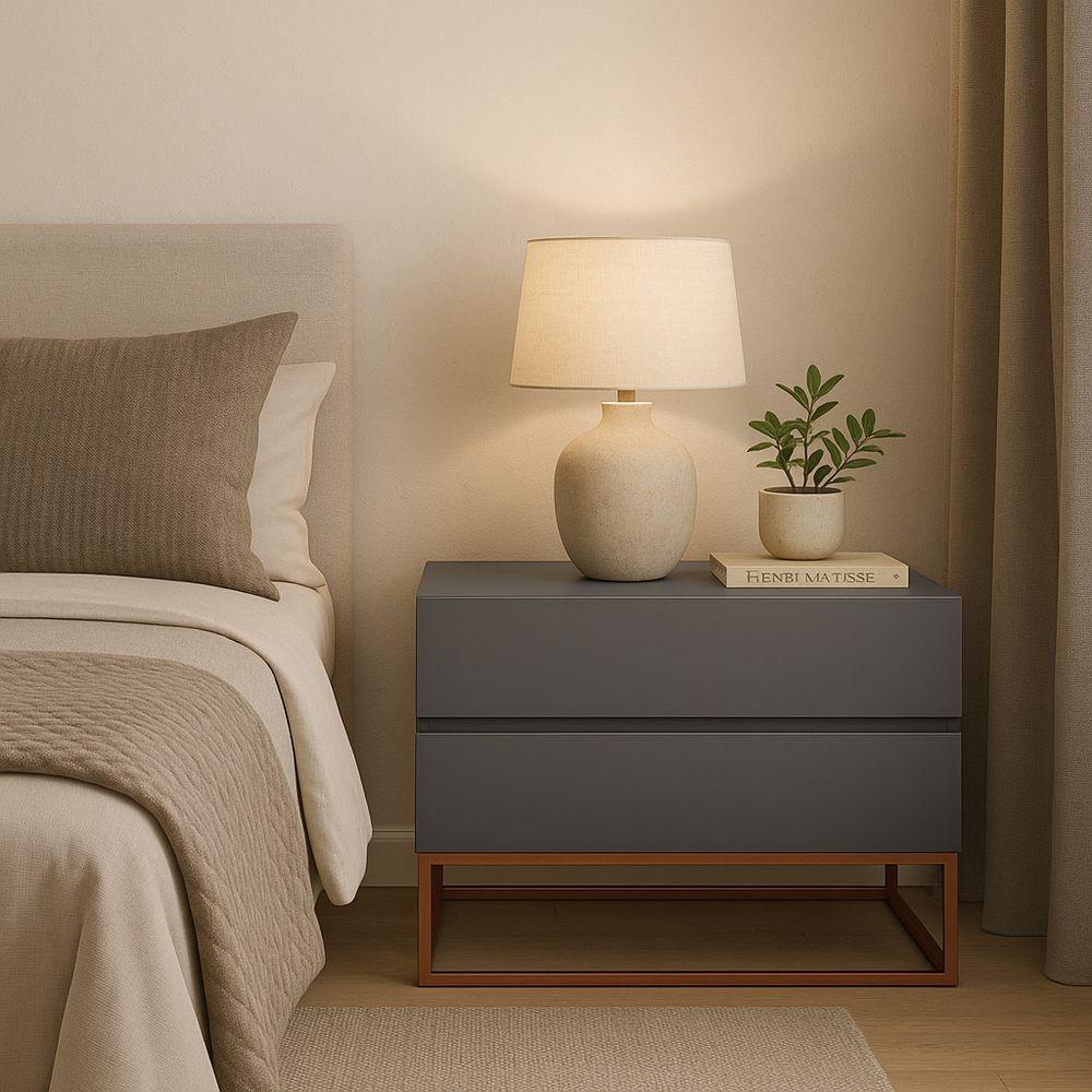 Mesa De Cabeceira Retrô Alto Padrão Com 2 Gavetas Base Cobre Cinza - 1