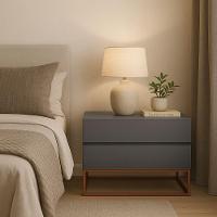 Mesa De Cabeceira Retrô Alto Padrão Com 2 Gavetas Base Cobre Cinza - 1