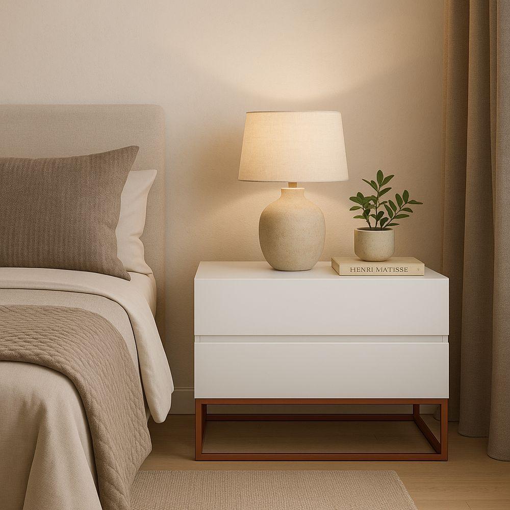 Mesa De Cabeceira Retrô Alto Padrão Com 2 Gavetas Base Cobre Branco - 1