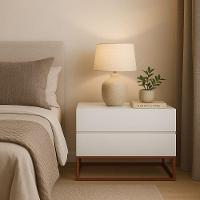 Mesa De Cabeceira Retrô Alto Padrão Com 2 Gavetas Base Cobre Branco - 1