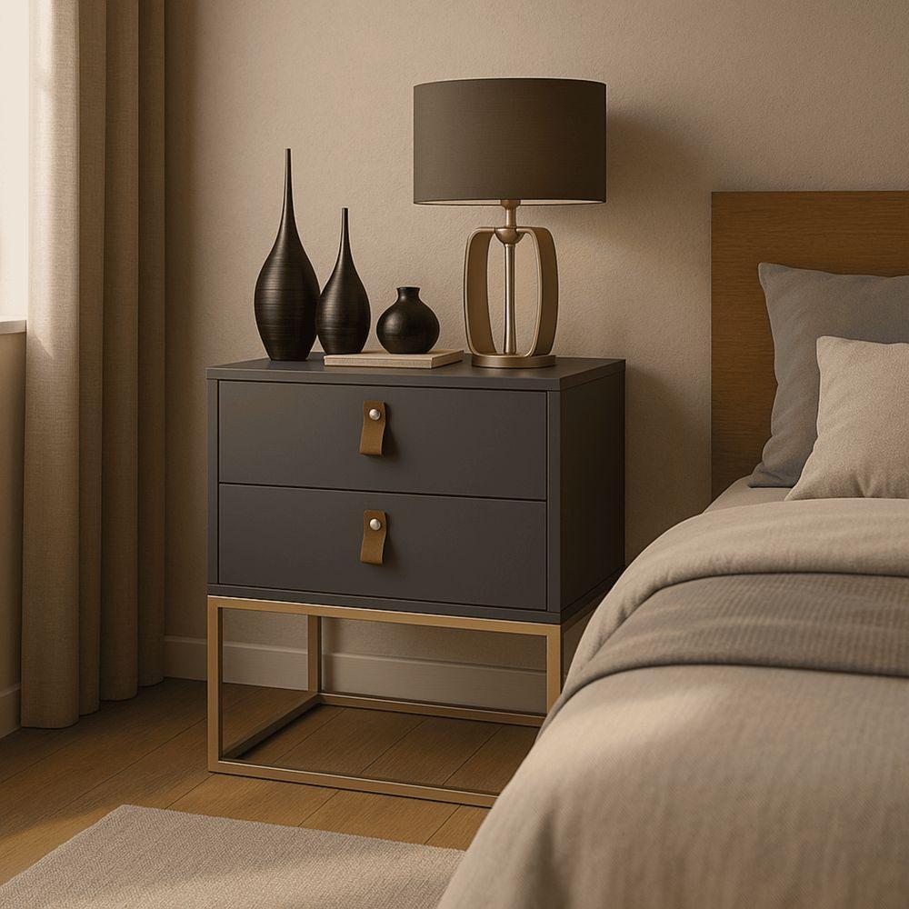 Mesa De Cabeceira Unic 45 Cinza Base Metalica Dourada - 1