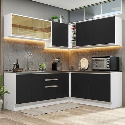 Armário de Cozinha Completa de Canto Acordes 9 Portas 2 Gavetas MDF Branco Preto