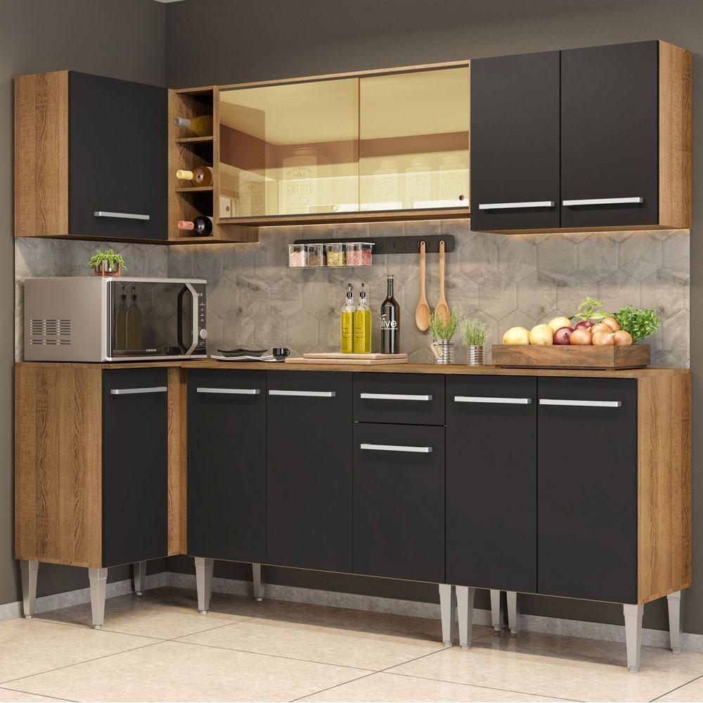 Armário De Cozinha Completa De Canto Madesa Emilly Play Balcão E Aéreo Vidro Reflex Rustic/preto - 1