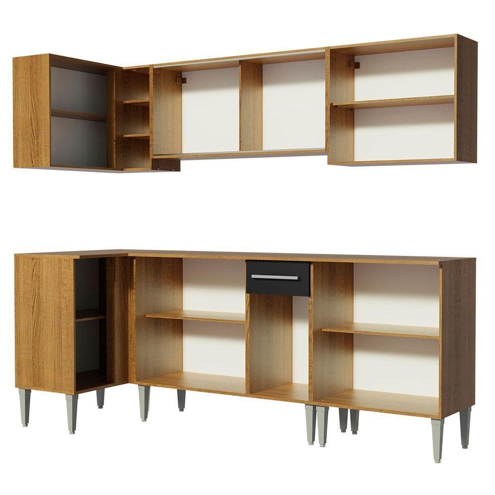 Armário De Cozinha Completa De Canto Madesa Emilly Play Balcão E Aéreo Vidro Reflex Rustic/preto - 3