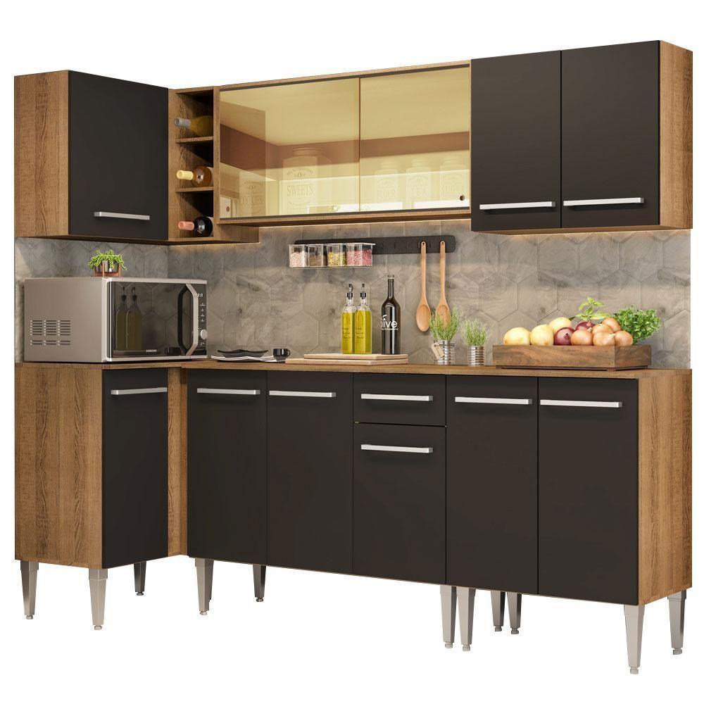 Armário De Cozinha Completa De Canto Madesa Emilly Play Balcão E Aéreo Vidro Reflex Rustic/preto - 8