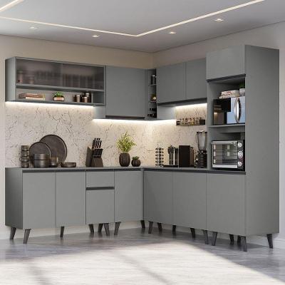 Armário de Cozinha Completa de Canto Nice 13 Portas 1 Gaveta MDF 445cm Cinza Texturizado