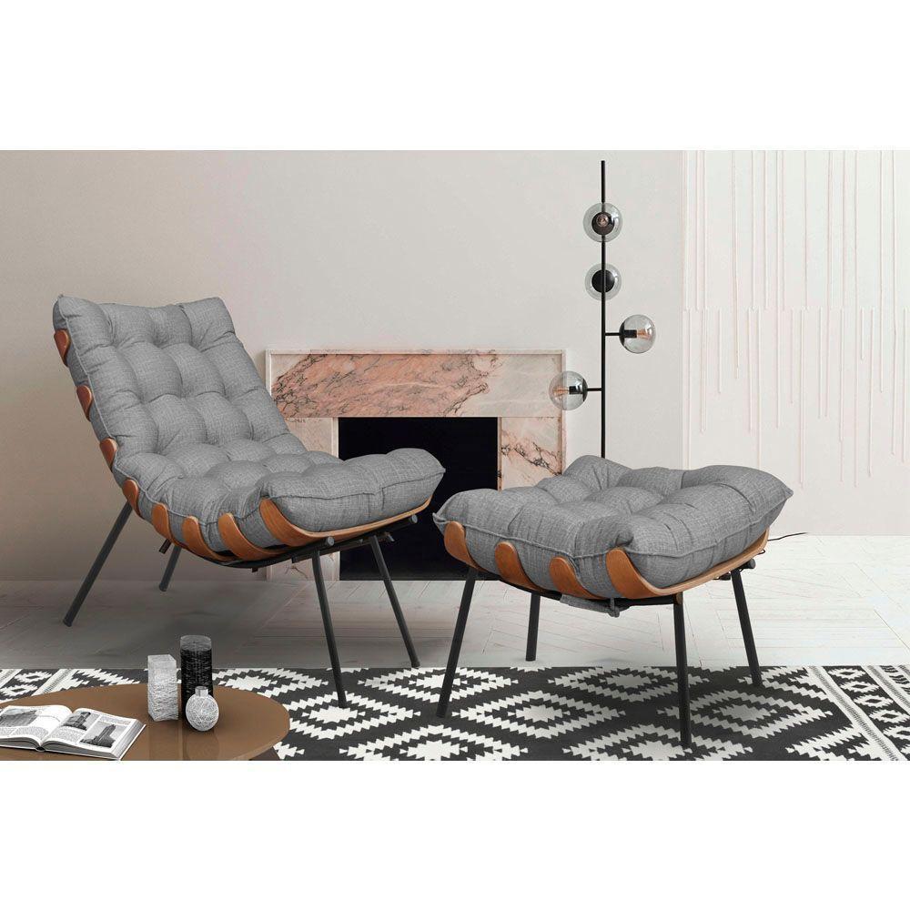 Poltrona Costela Adão Com Puff Linho Cinza - 2