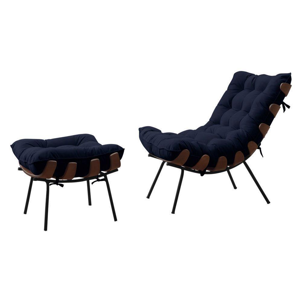 Poltrona Costela Adão Com Puff Veludo Azul Escuro - 1