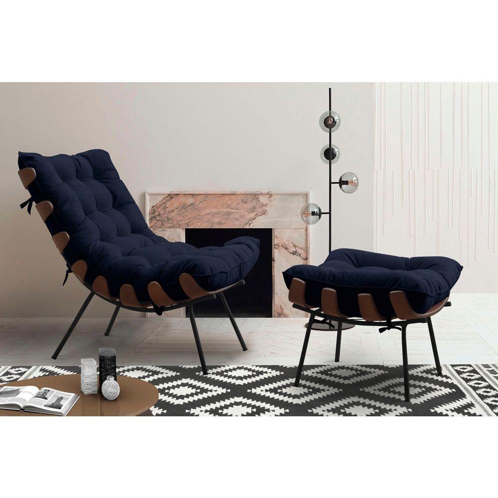 Poltrona Costela Adão Com Puff Veludo Azul Escuro - 2