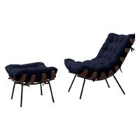 Poltrona Costela Adão Com Puff Veludo Azul Escuro - 1