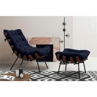 Poltrona Costela Adão Com Puff Veludo Azul Escuro - 2