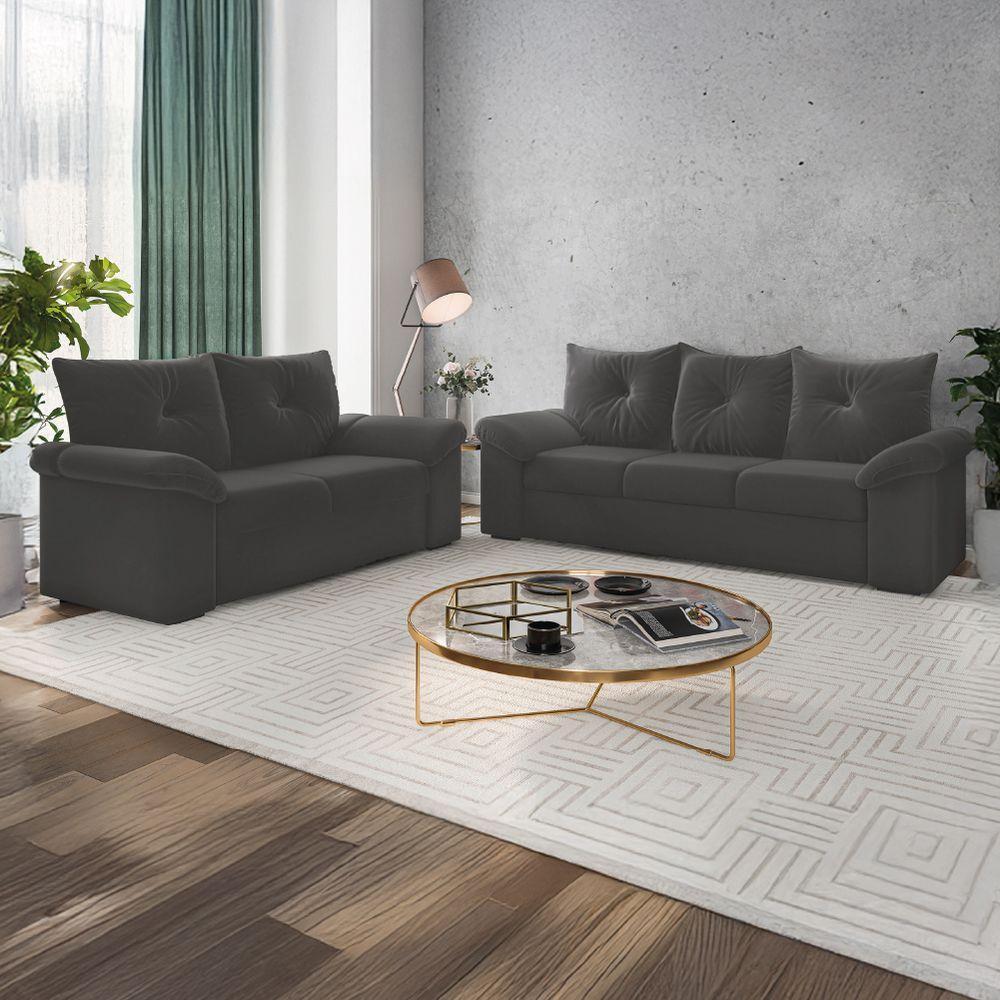 Conjunto De Sofá 2 E 3 Lugares Taurus Veludo Mamflex Cinza - 2