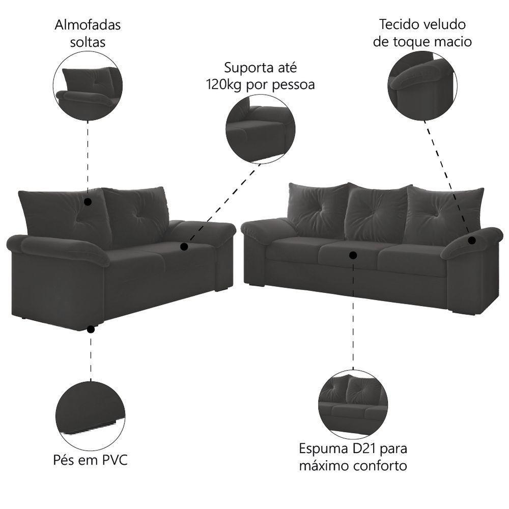 Conjunto De Sofá 2 E 3 Lugares Taurus Veludo Mamflex Cinza - 5