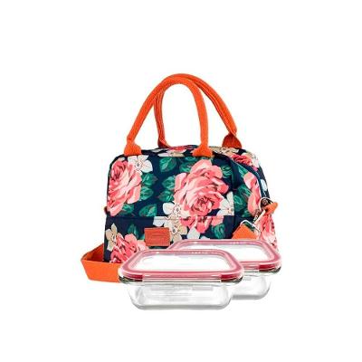 Bolsa Térmica Floral Com 2 Potes De Vidro Herméticos Marmita Azul