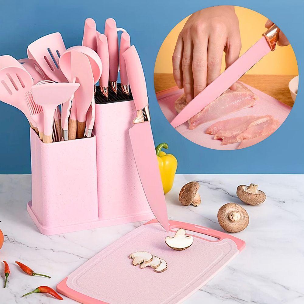 Kit 19 Utensílios De Cozinha Silicone Cabo De Madeira Faca Tábua Rosa - 2