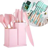 Kit 19 Utensílios De Cozinha Silicone Cabo De Madeira Faca Tábua Rosa - 1