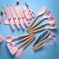 Kit 19 Utensílios De Cozinha Silicone Cabo De Madeira Faca Tábua Rosa - 3