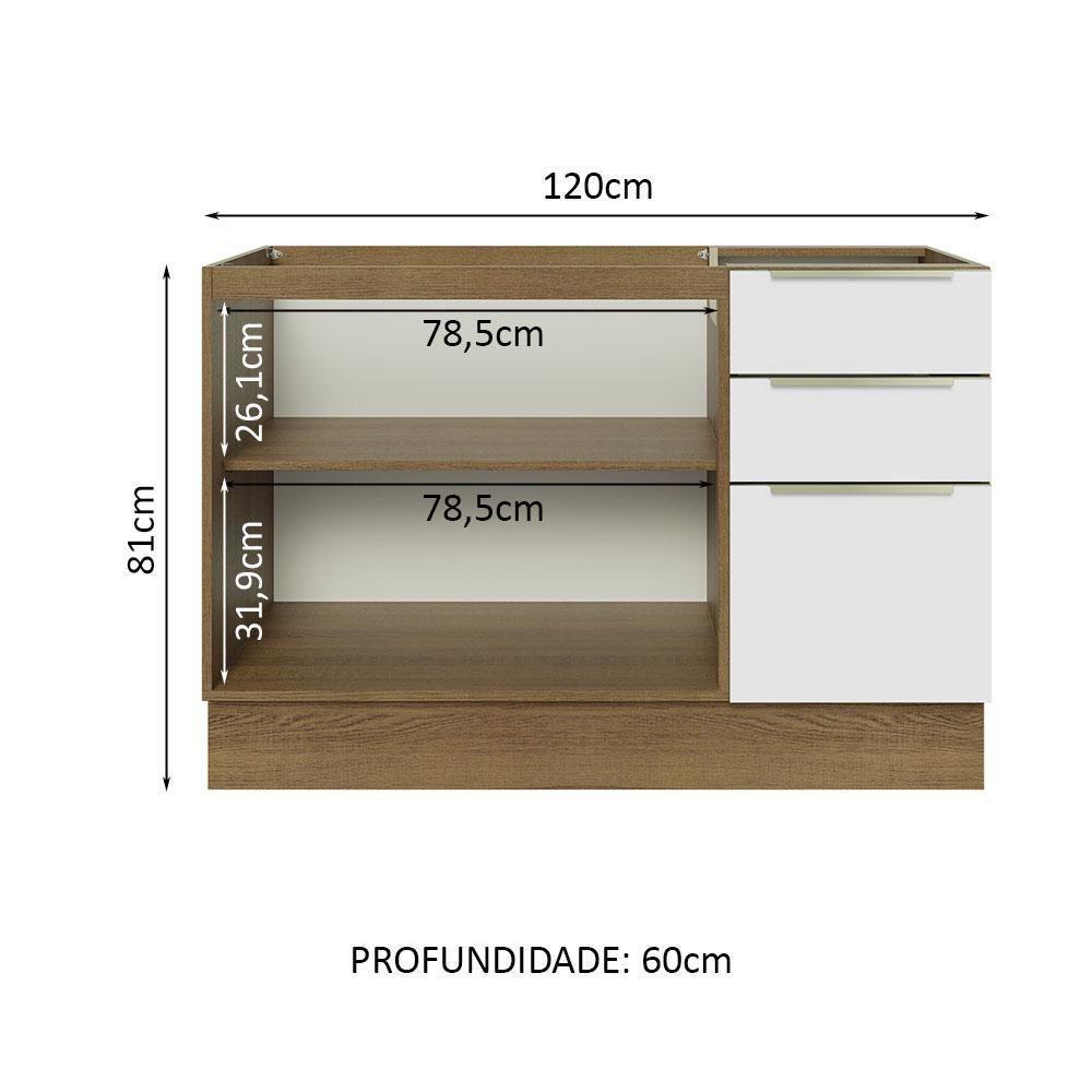 Balcão Gabinete 120 Cm 2 Portas 3 Gavetas Rustic/Branco - 10