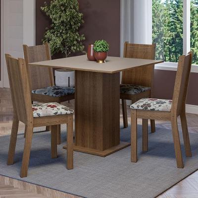 Conjunto de Jantar Samara 4 Lugares Tampo em MDP com Cadeiras Estofadas Floral Hibiscos Marrom